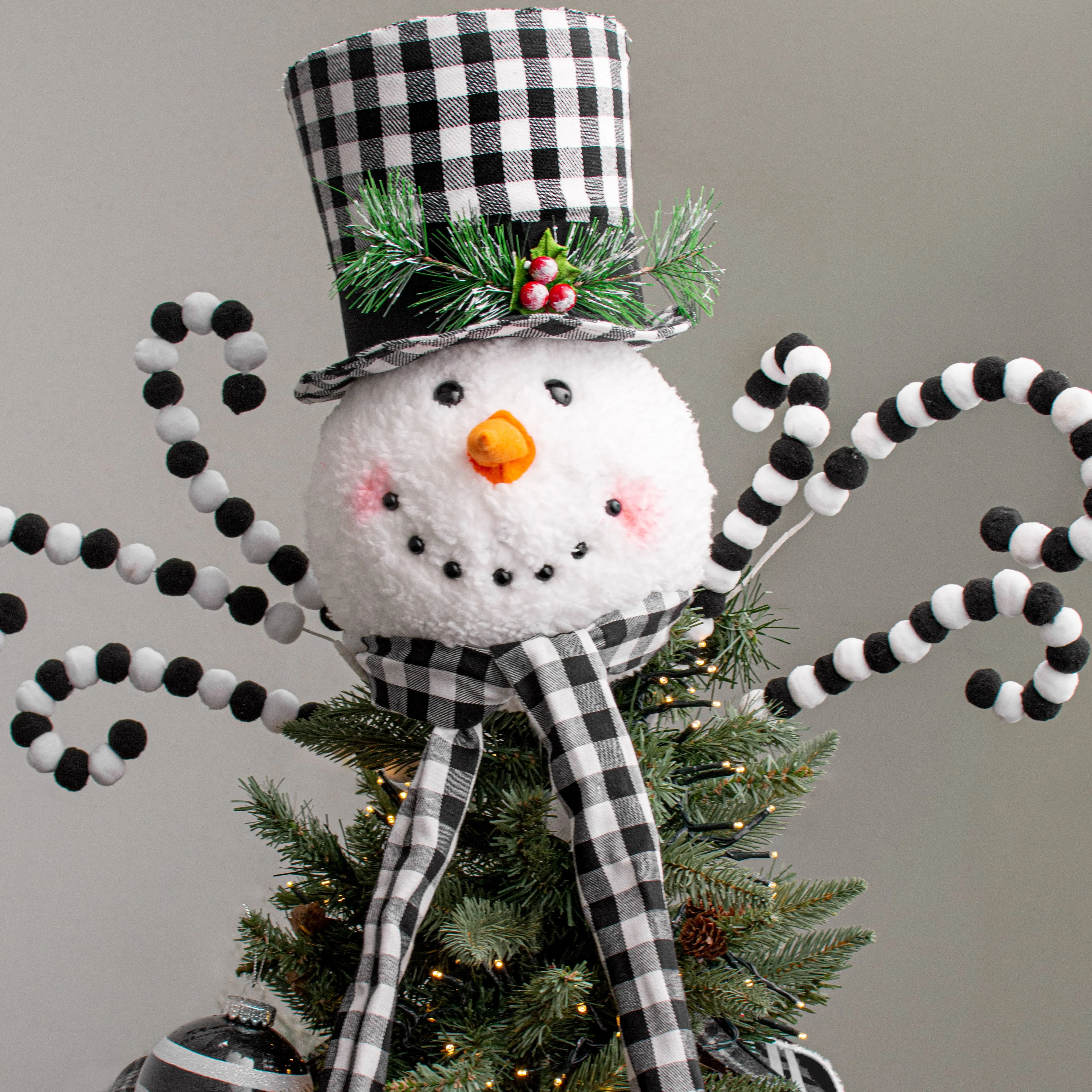 13.5" Snowman Head Tree Topper With Pick: Buffalo Check