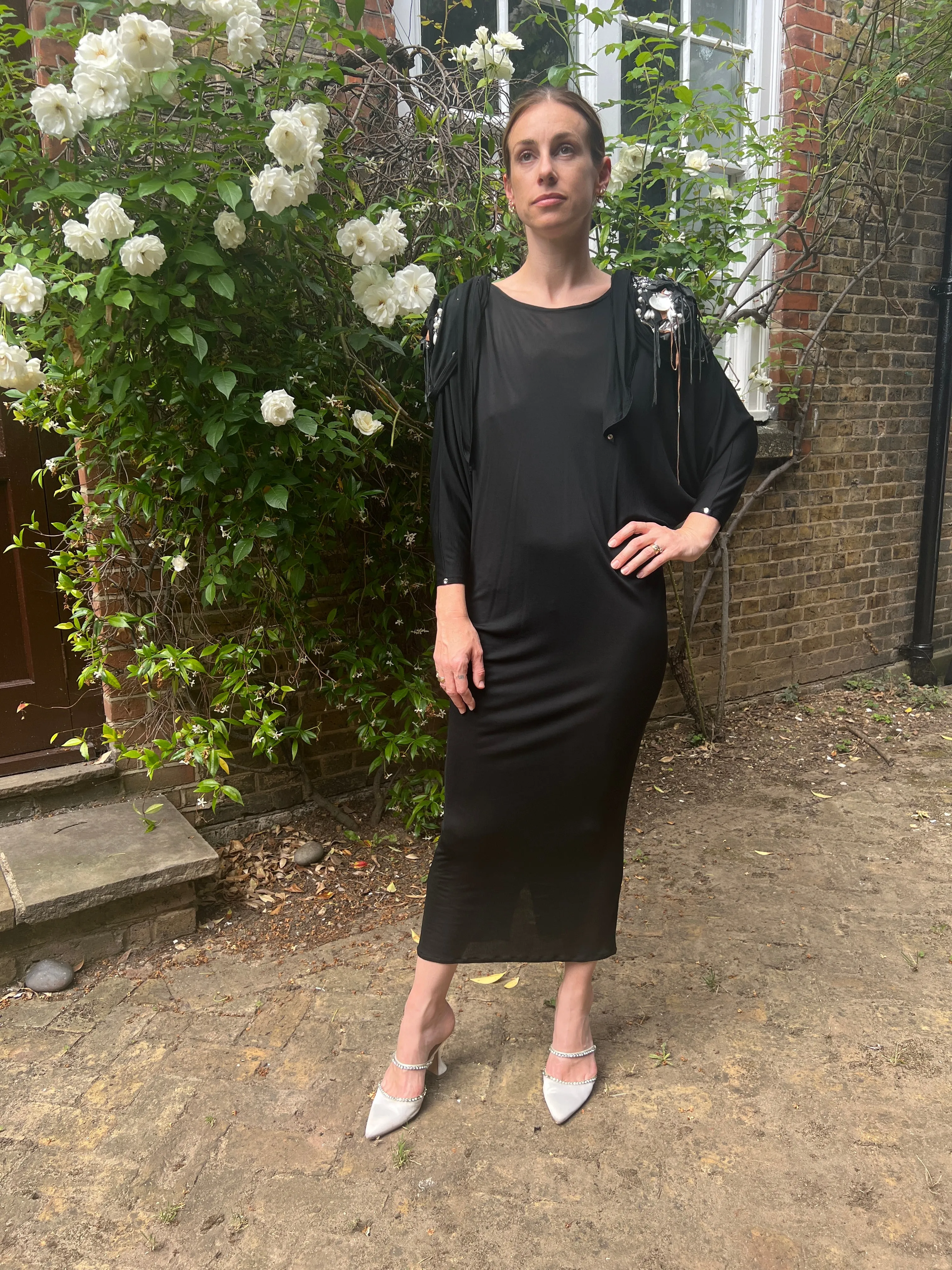 1980s Black Silk Jersey Batwing Dress with Leather Applique