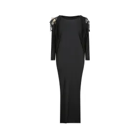 1980s Black Silk Jersey Batwing Dress with Leather Applique