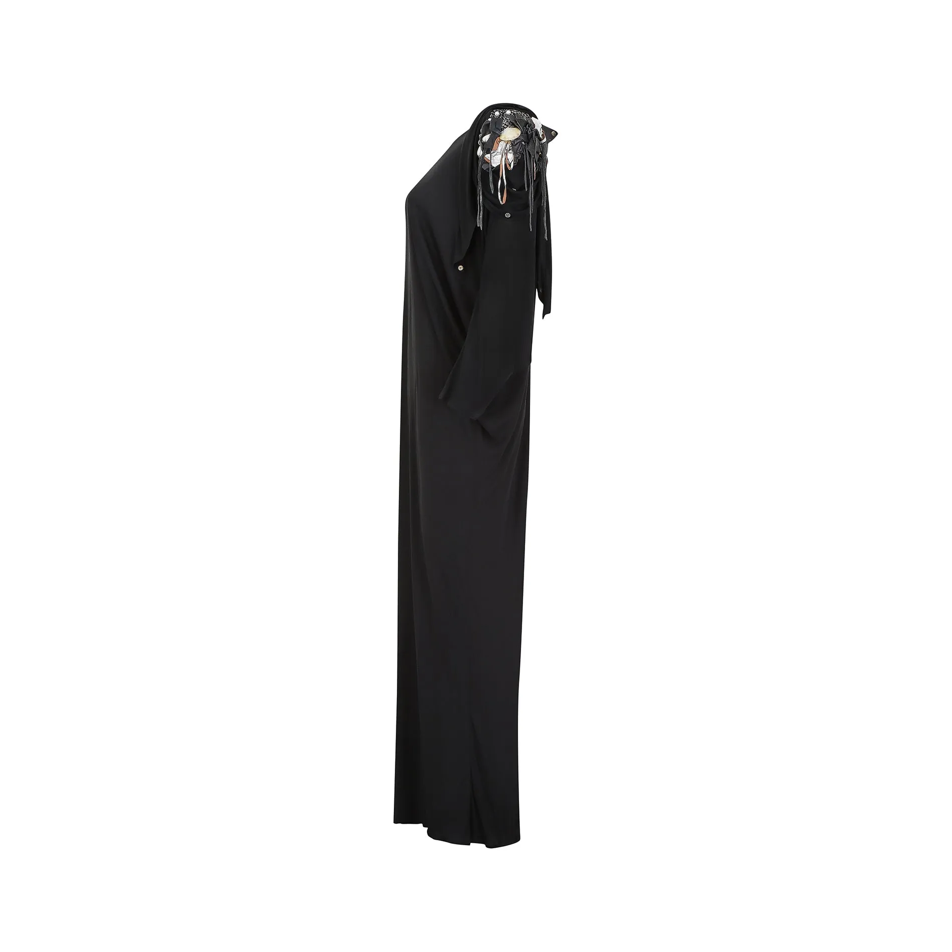 1980s Black Silk Jersey Batwing Dress with Leather Applique