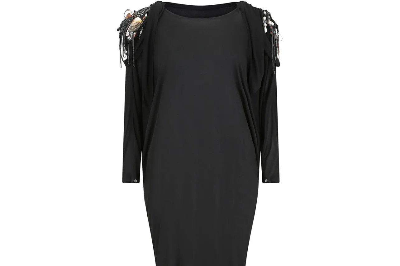 1980s Black Silk Jersey Batwing Dress with Leather Applique
