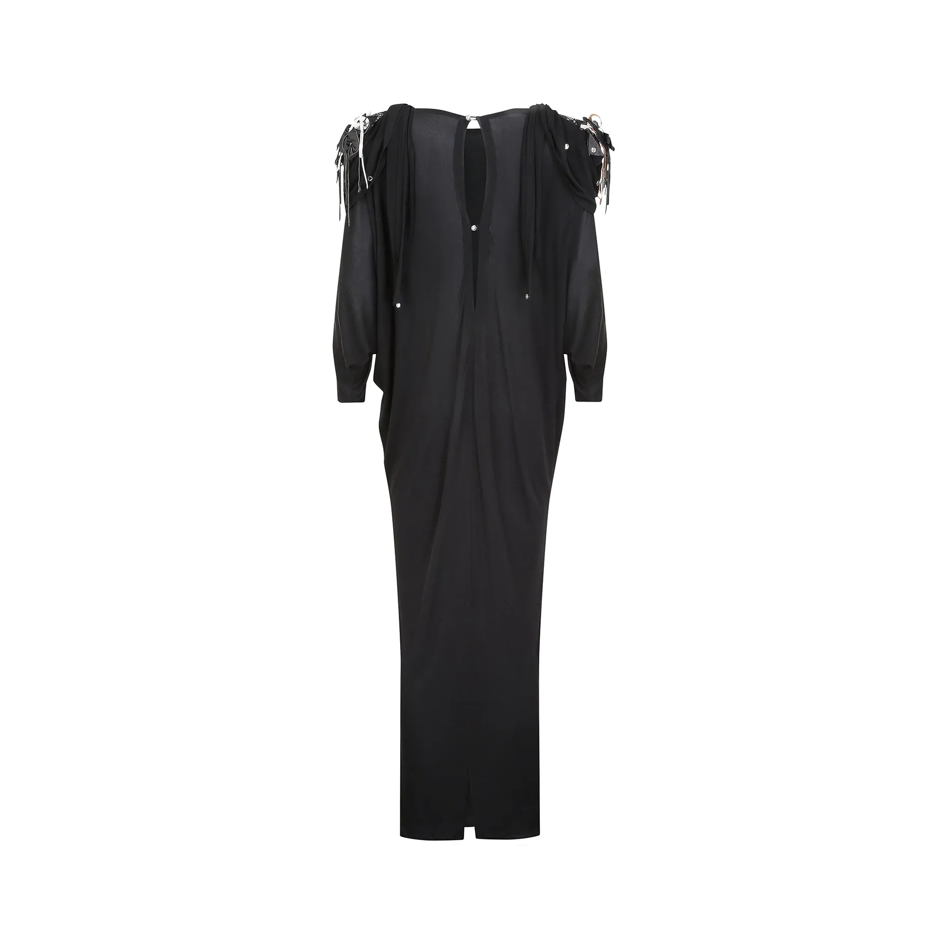 1980s Black Silk Jersey Batwing Dress with Leather Applique