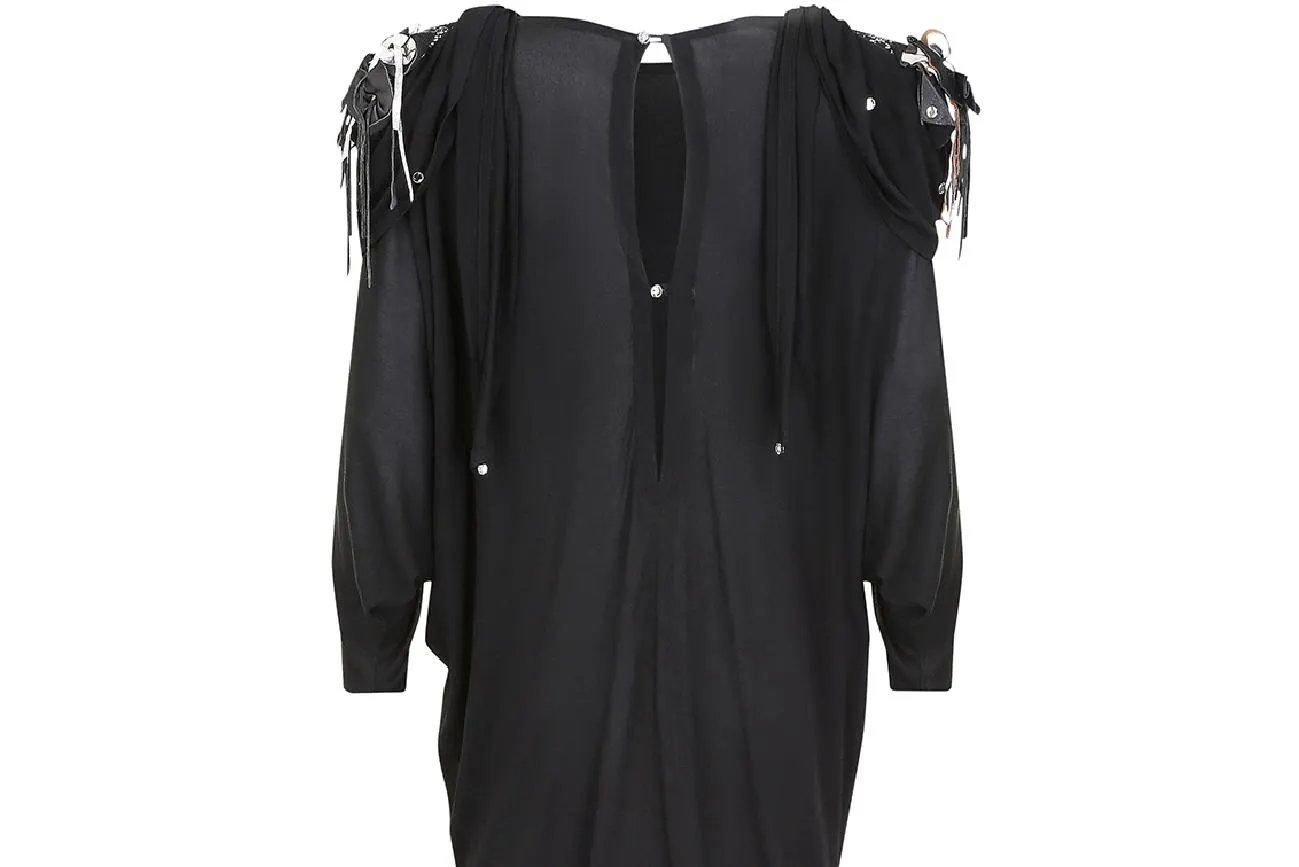 1980s Black Silk Jersey Batwing Dress with Leather Applique