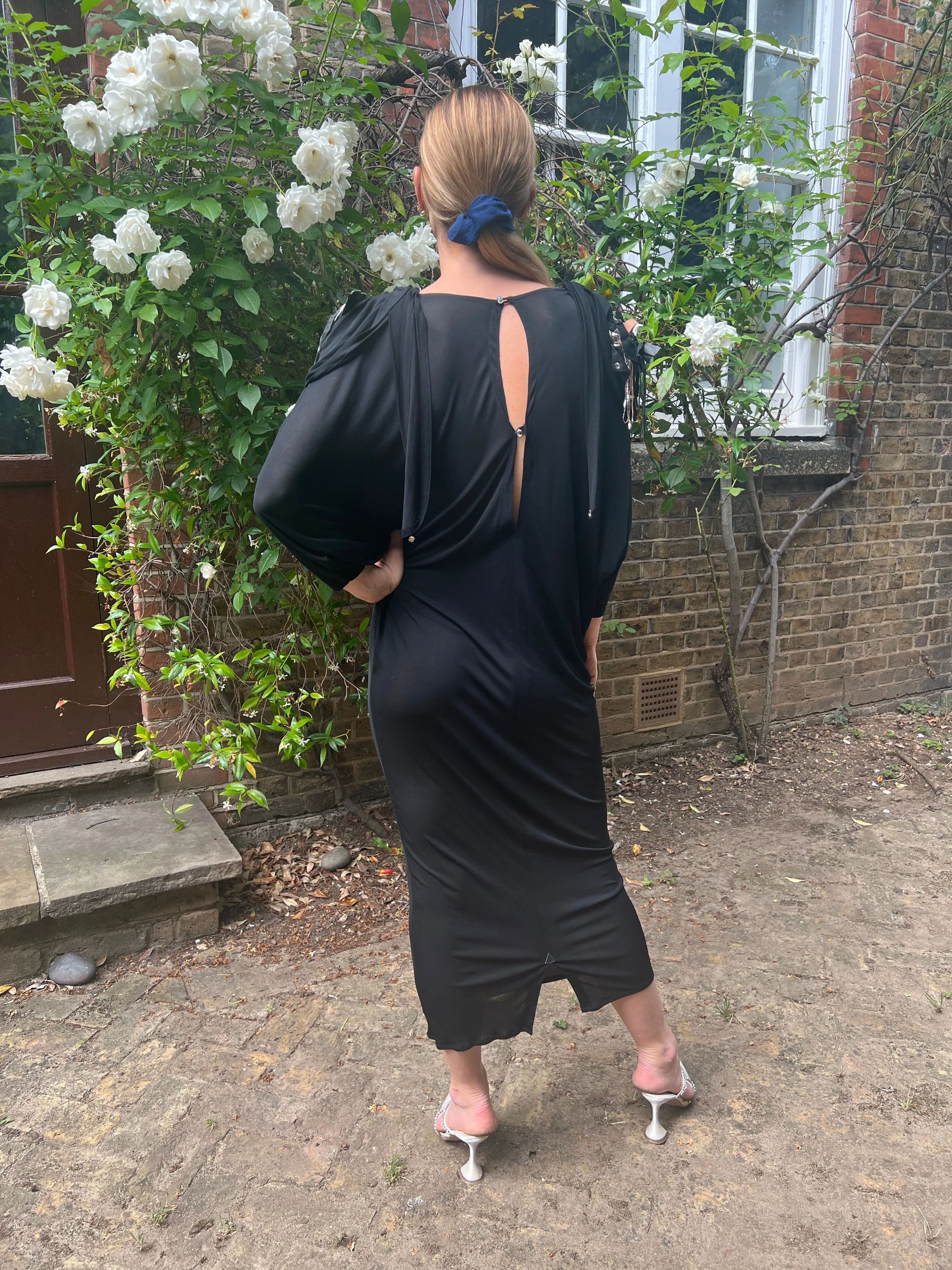 1980s Black Silk Jersey Batwing Dress with Leather Applique
