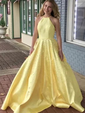 A Line Yellow Satin Beaded Long Prom, Yellow Formal Graduation Evening
