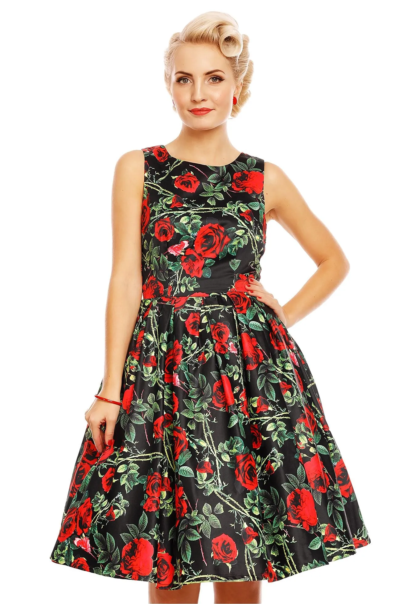 Annie Rose Thorns Floral Retro Dress in Black