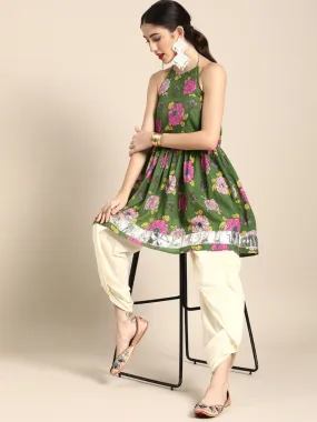 Anouk Women Green & Off-White Floral Printed Pure Cotton Kurti with Dhoti Pants