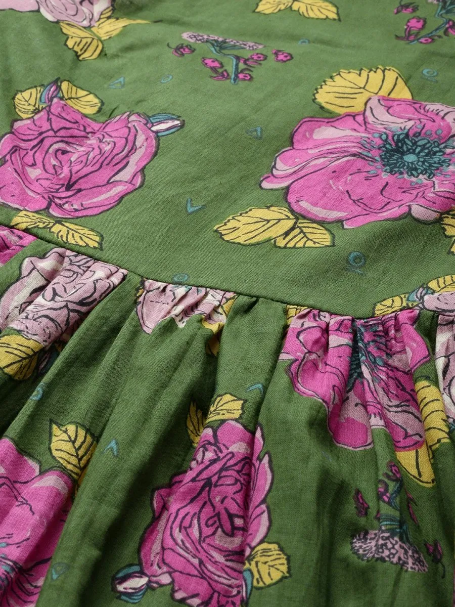 Anouk Women Green & Off-White Floral Printed Pure Cotton Kurti with Dhoti Pants