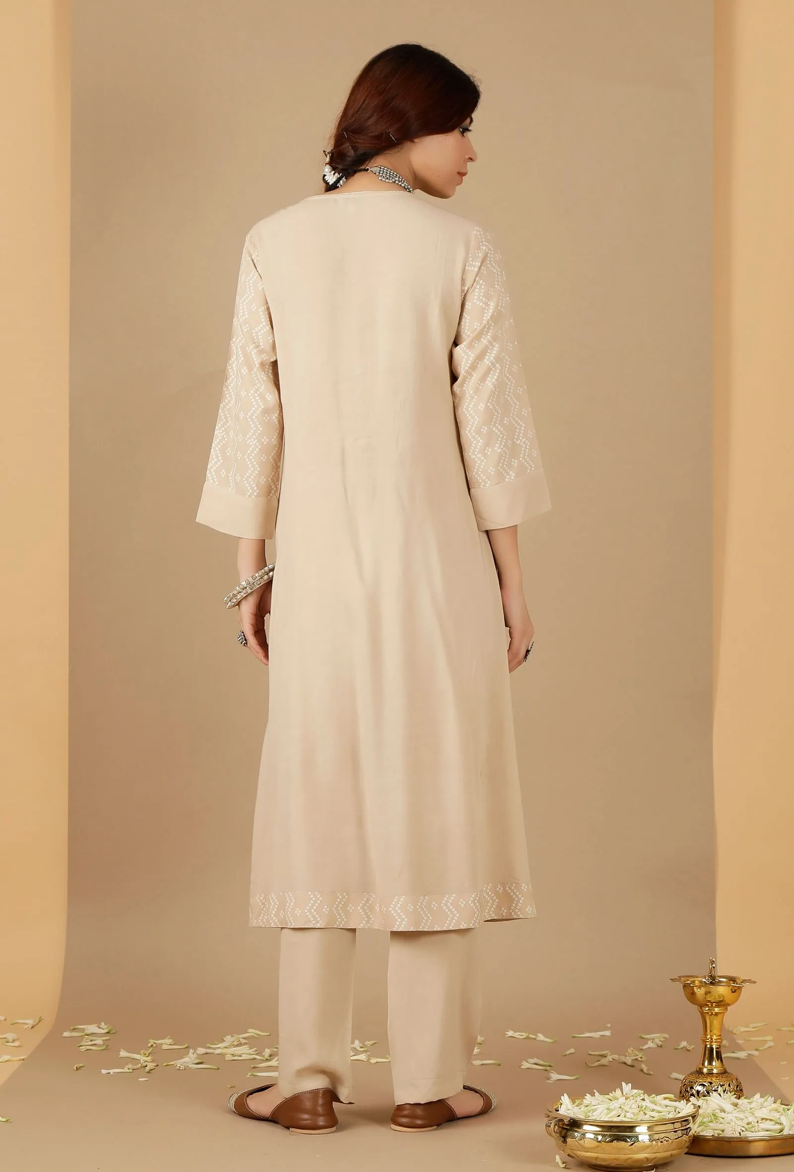 Beige Gathered And Flared Kurta