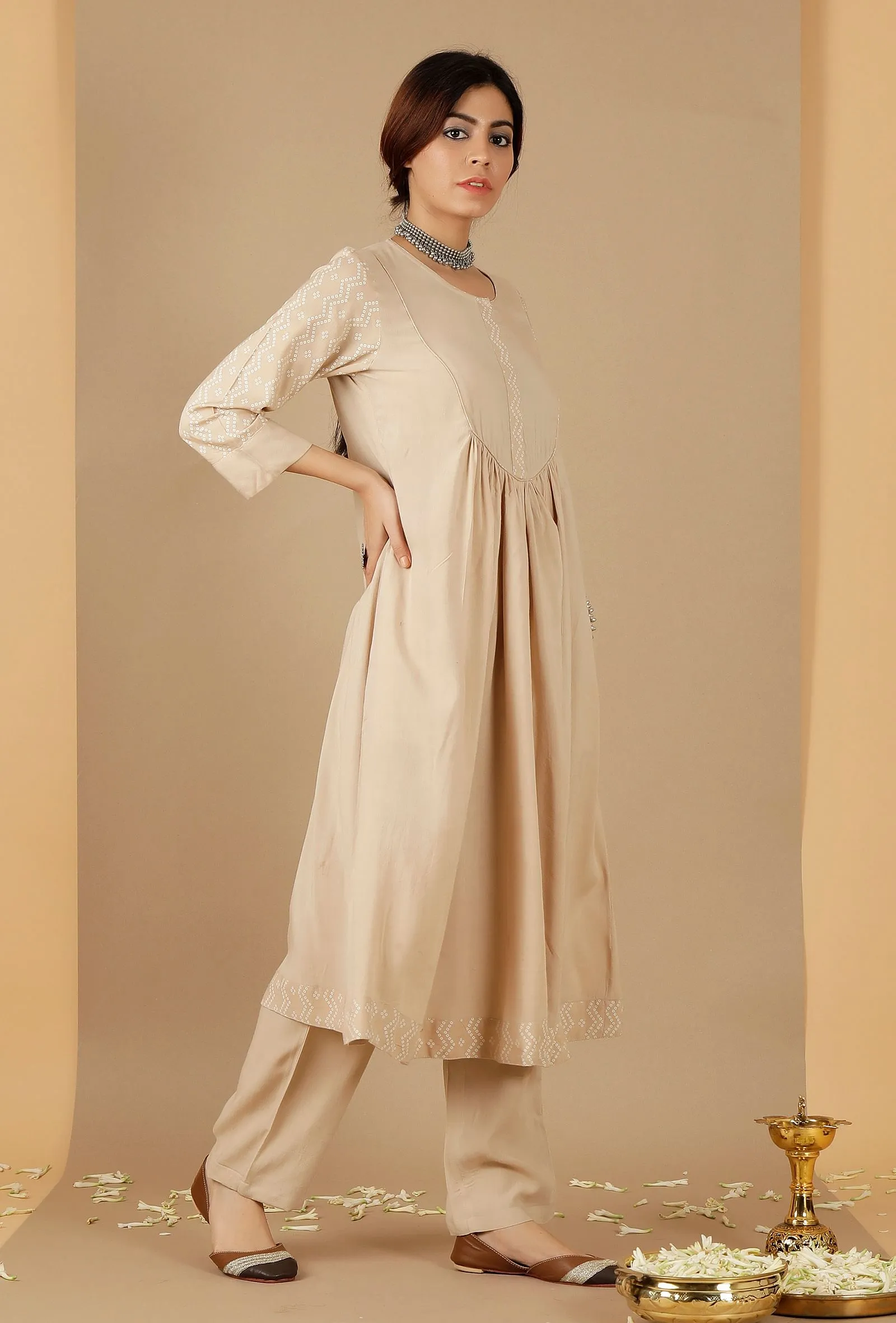 Beige Gathered And Flared Kurta