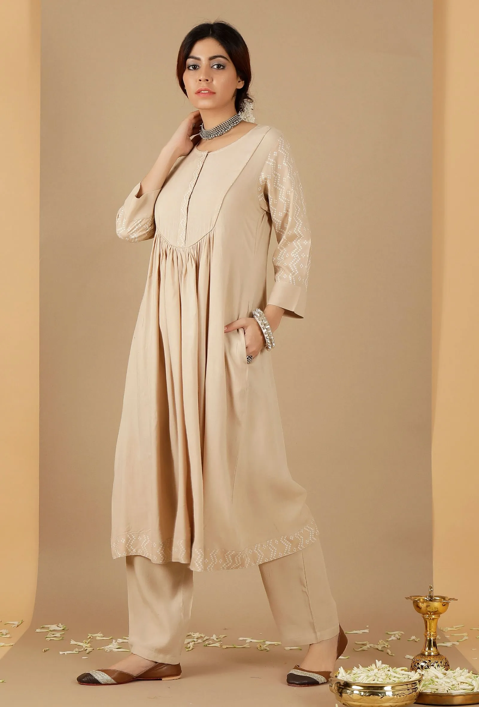 Beige Gathered And Flared Kurta
