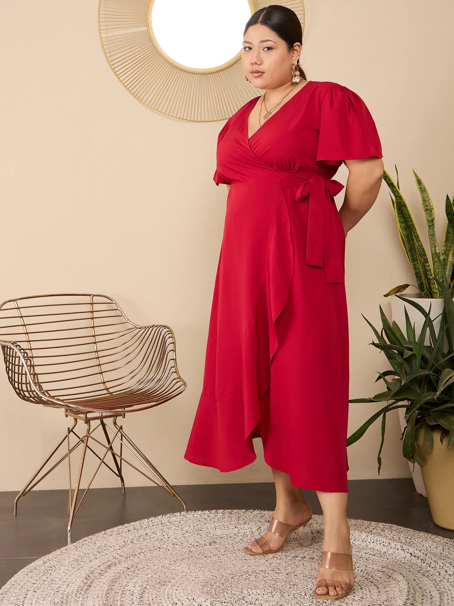 Berrylush Curve Women Red Solid V-Neck Short Sleeves Wrap Maxi Dress