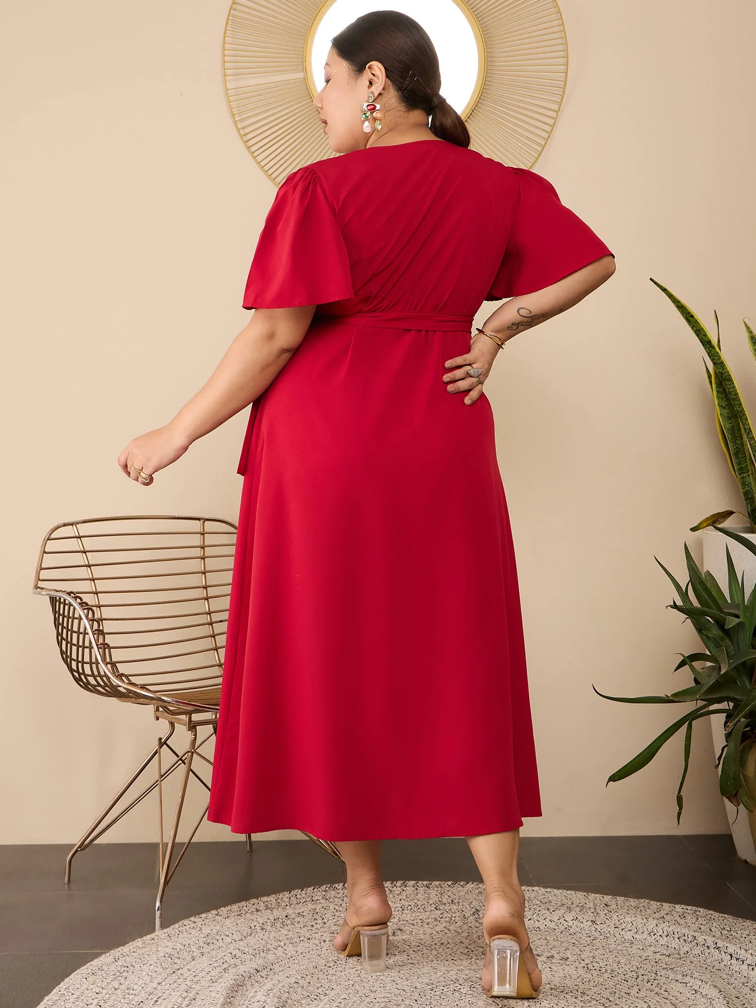 Berrylush Curve Women Red Solid V-Neck Short Sleeves Wrap Maxi Dress