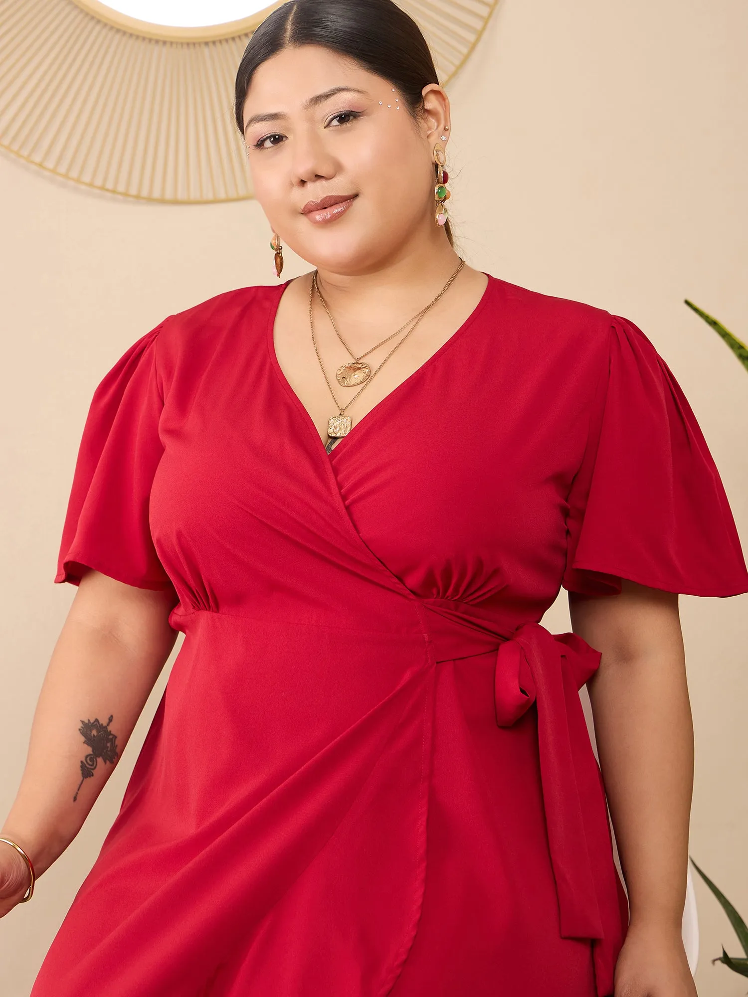 Berrylush Curve Women Red Solid V-Neck Short Sleeves Wrap Maxi Dress