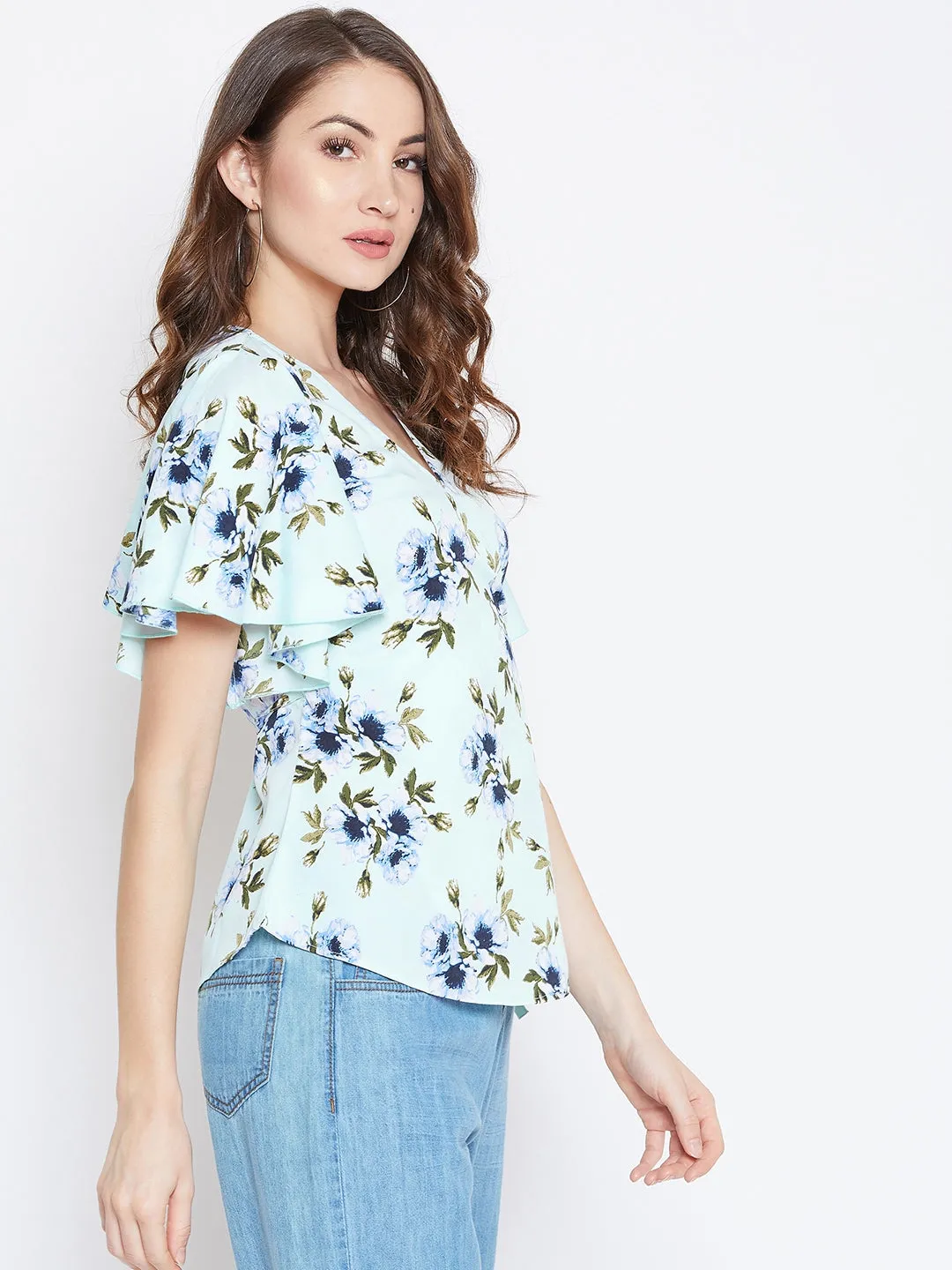 Berrylush Women Sea Green & Blue Floral Printed V-Neck Waist Tie-Up Flared Wrap Top