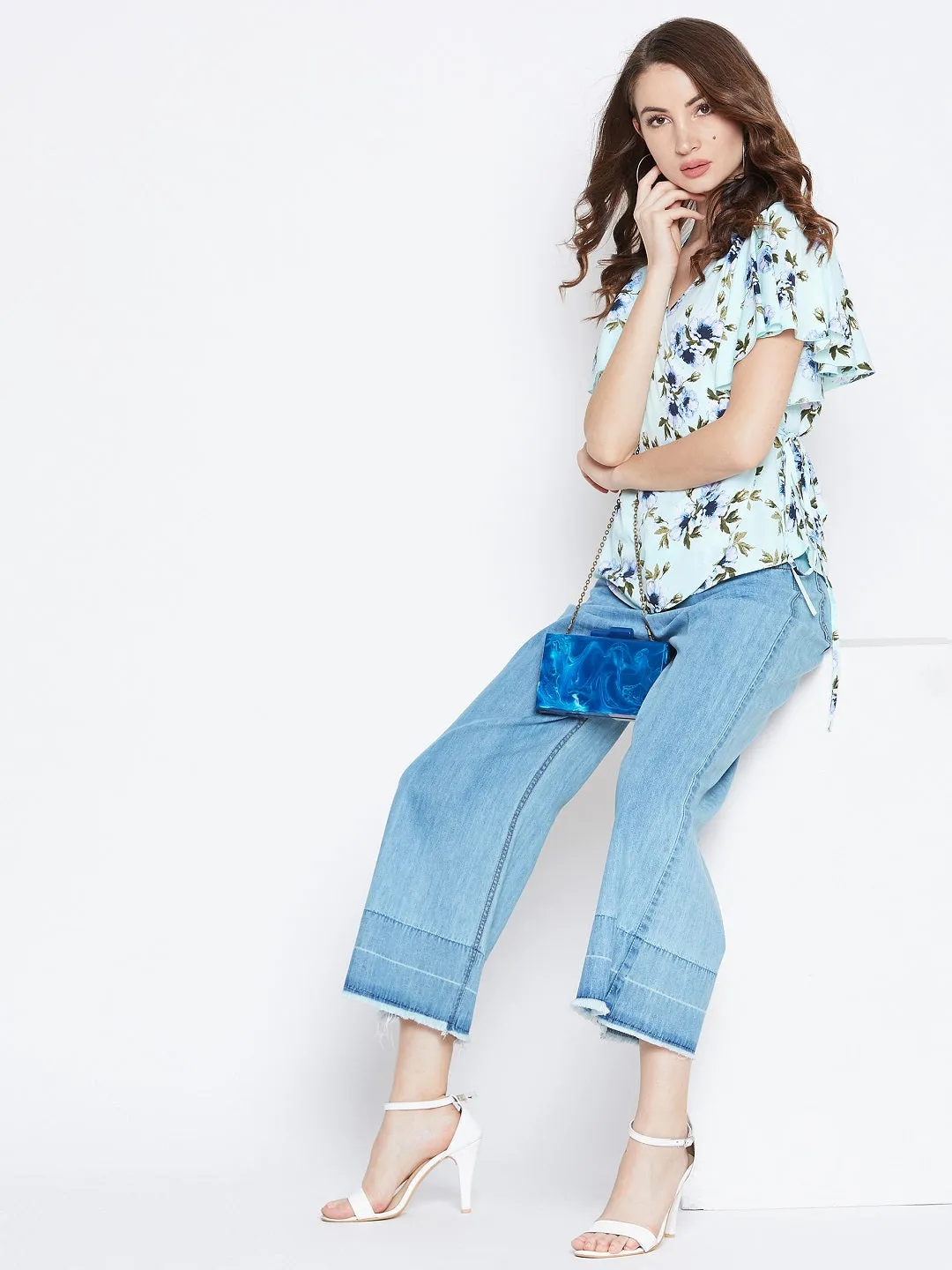 Berrylush Women Sea Green & Blue Floral Printed V-Neck Waist Tie-Up Flared Wrap Top