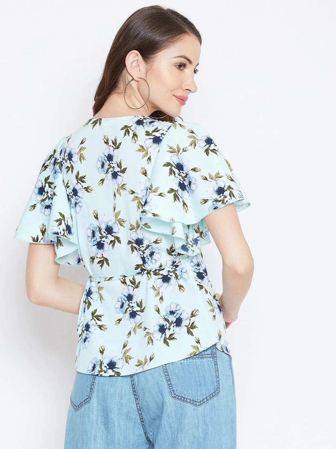 Berrylush Women Sea Green & Blue Floral Printed V-Neck Waist Tie-Up Flared Wrap Top