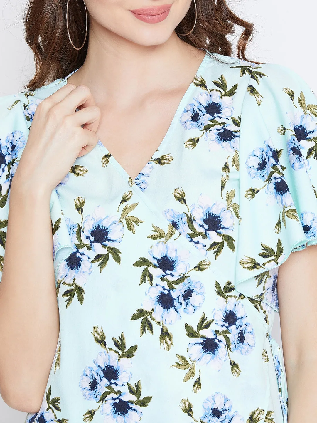 Berrylush Women Sea Green & Blue Floral Printed V-Neck Waist Tie-Up Flared Wrap Top