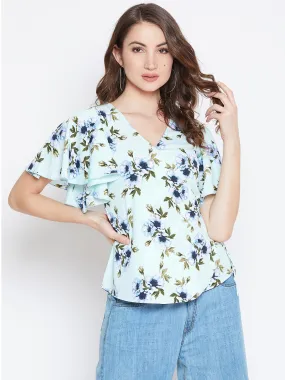 Berrylush Women Sea Green & Blue Floral Printed V-Neck Waist Tie-Up Flared Wrap Top