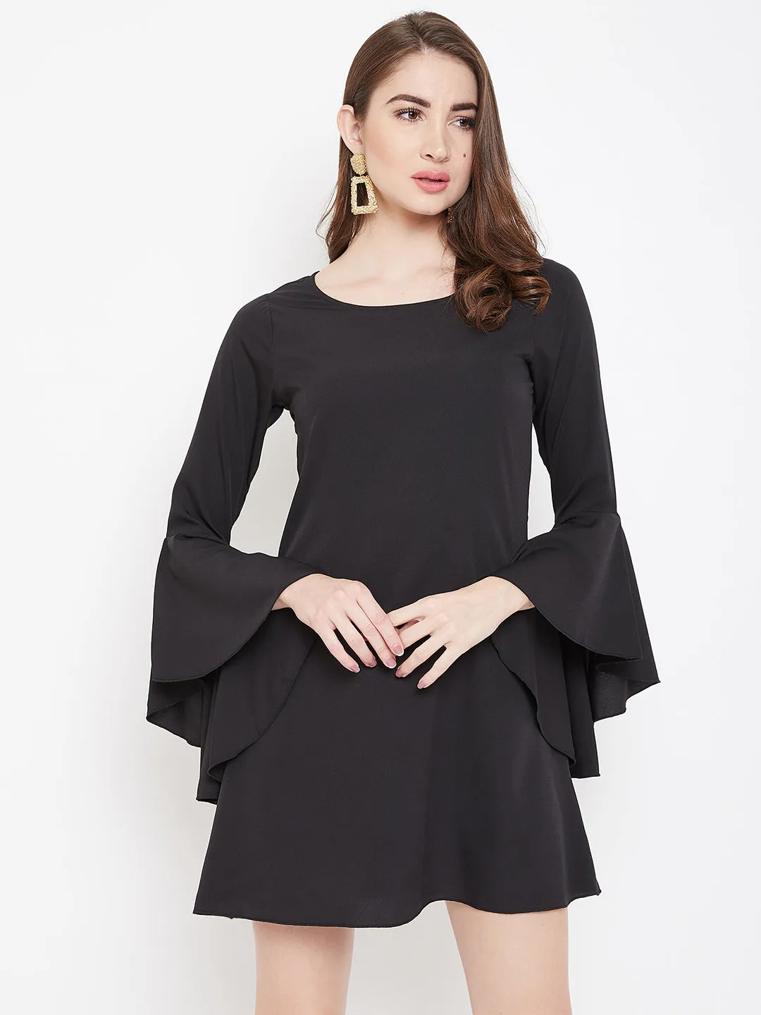 Berrylush Women Solid Black Round-Neck Flared Sleeves Crepe Fit & Flare Mini Dress