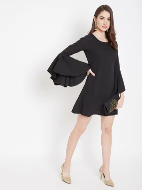 Berrylush Women Solid Black Round-Neck Flared Sleeves Crepe Fit & Flare Mini Dress
