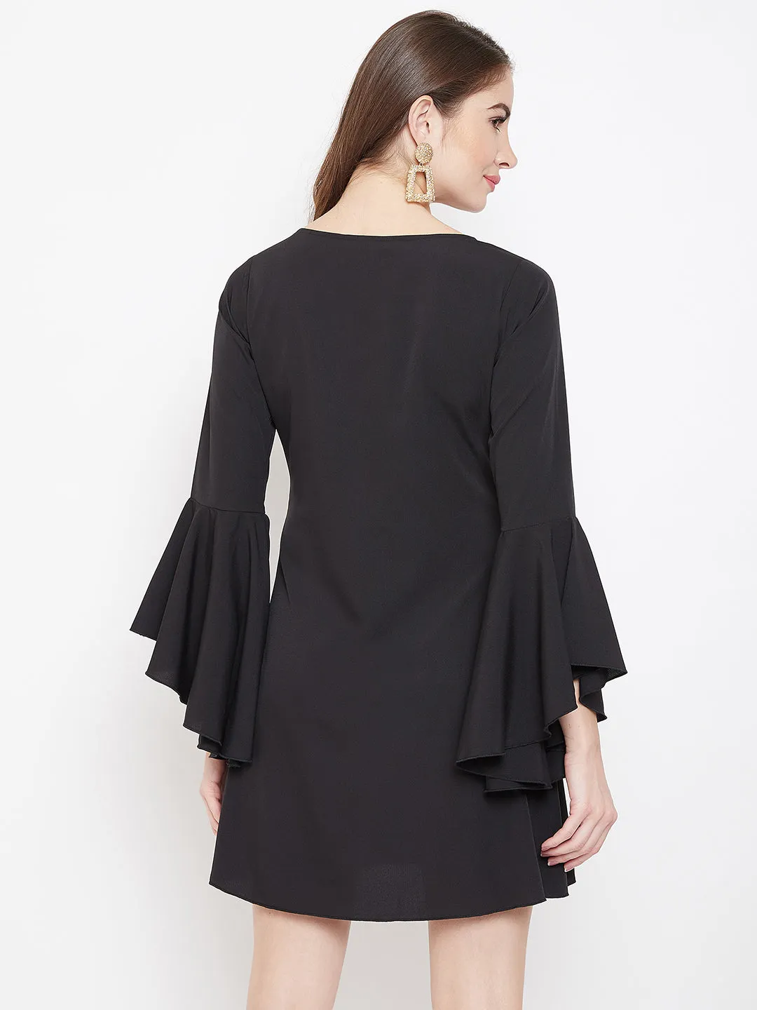 Berrylush Women Solid Black Round-Neck Flared Sleeves Crepe Fit & Flare Mini Dress