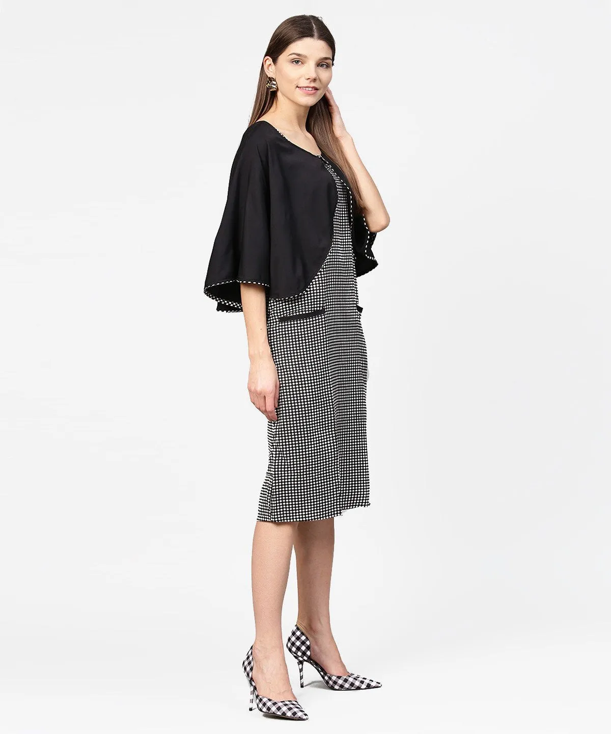 Black Check Printed Flared Sleeve Double Pocket Dress