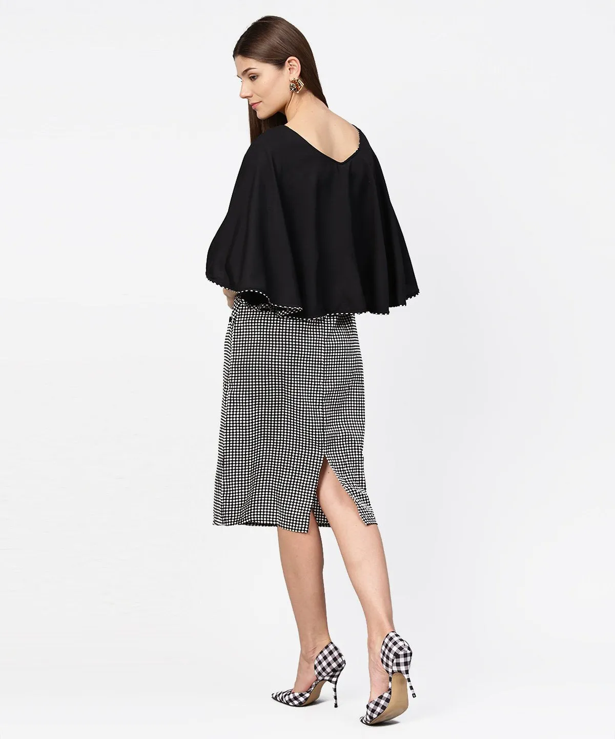 Black Check Printed Flared Sleeve Double Pocket Dress