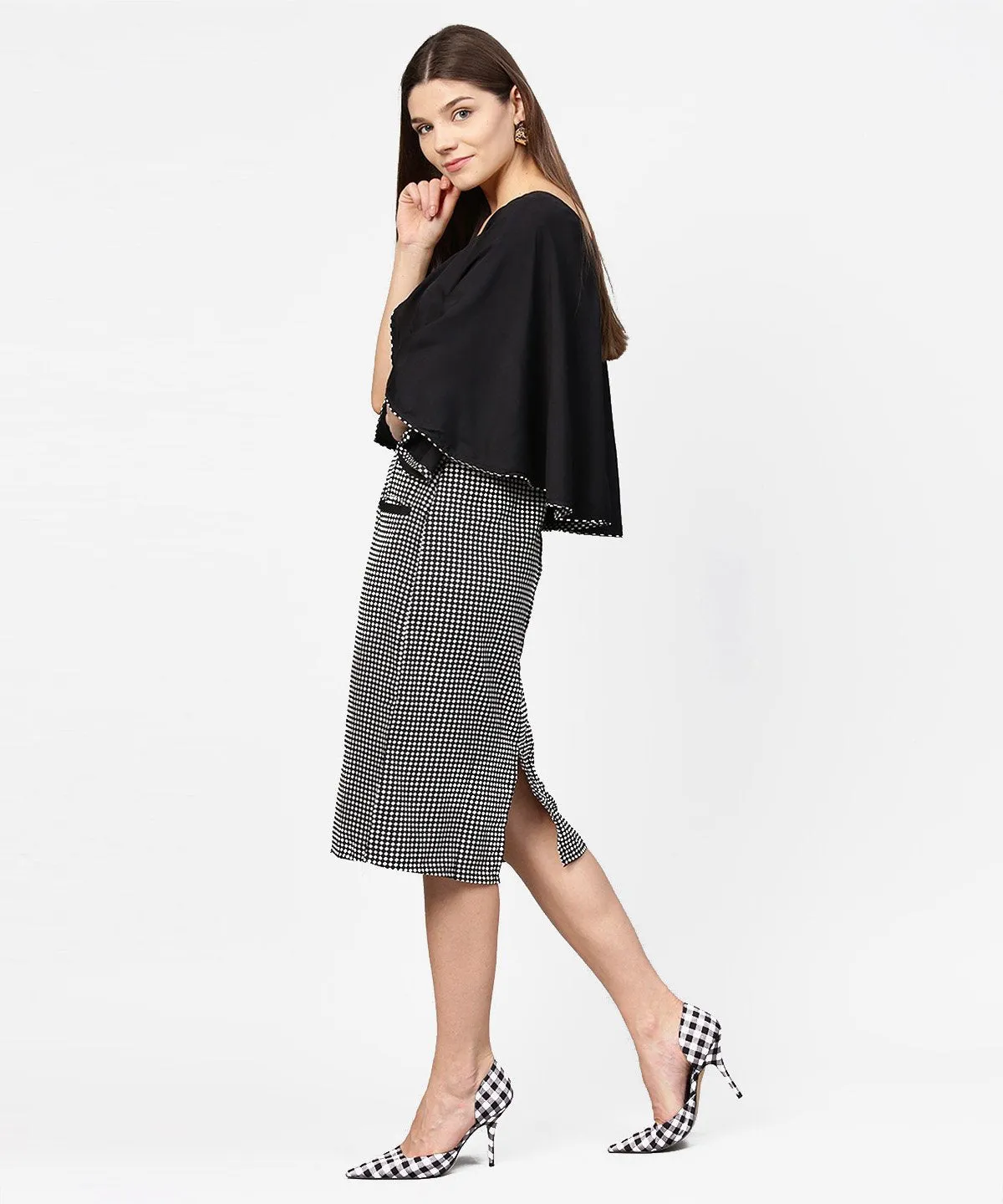 Black Check Printed Flared Sleeve Double Pocket Dress