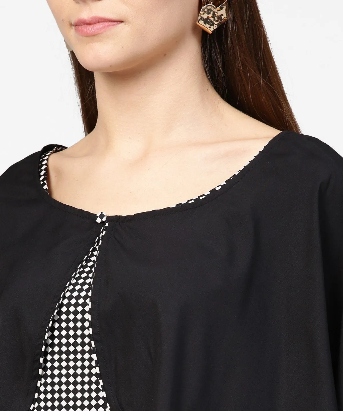 Black Check Printed Flared Sleeve Double Pocket Dress