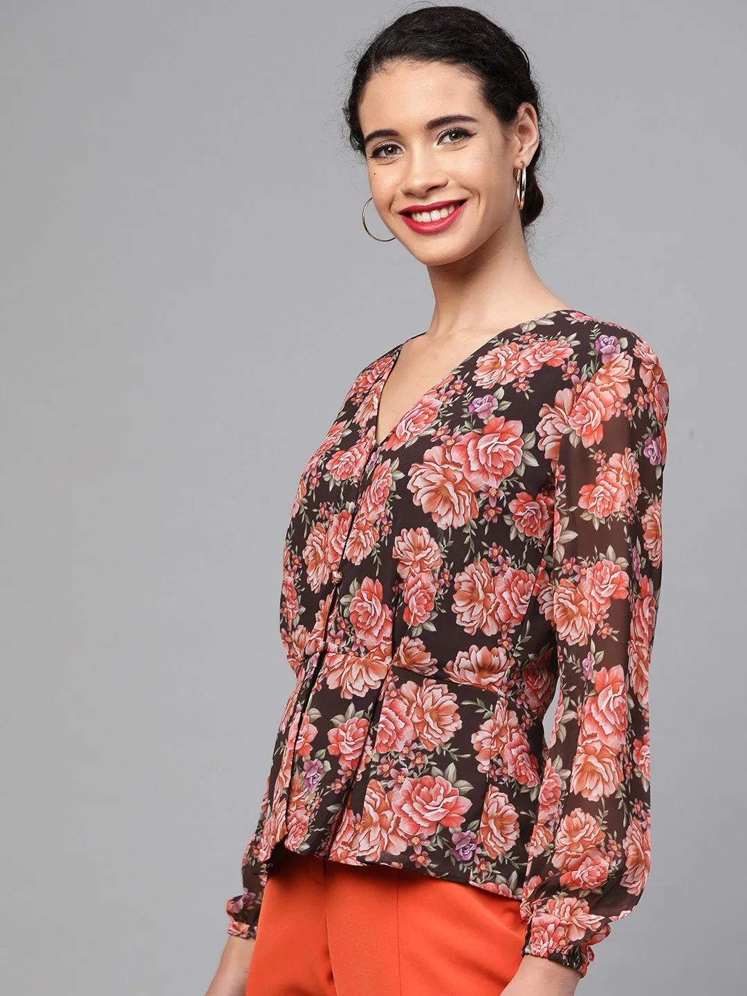 Black Floral Peplum Top