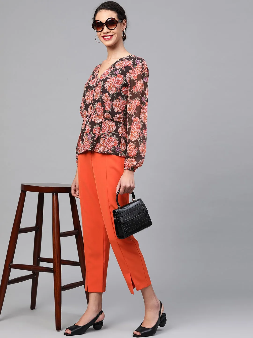 Black Floral Peplum Top