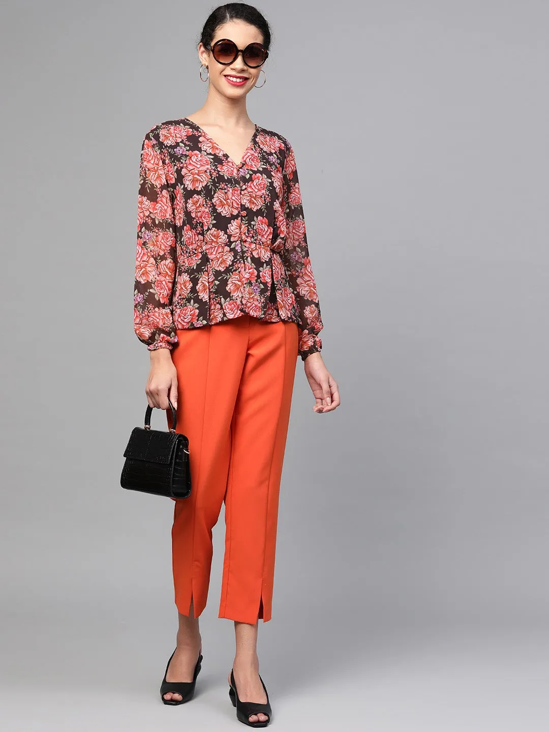 Black Floral Peplum Top