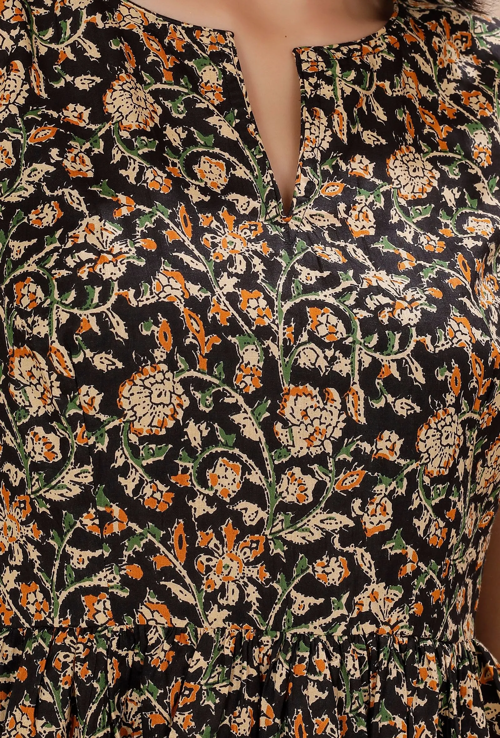 Black Kalamkari Gathered And Flared Cotton Dress