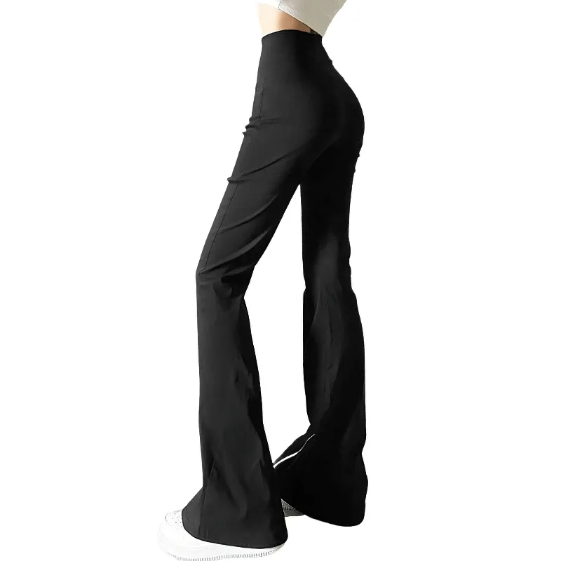 Black Stretch Split-hem Pants / High-waisted Zipper Flared Trousers / Women's Alternative Apparel