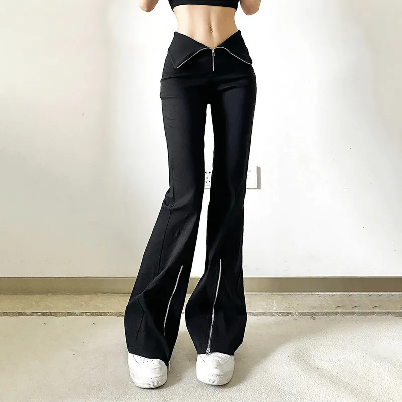 Black Stretch Split-hem Pants / High-waisted Zipper Flared Trousers / Women's Alternative Apparel