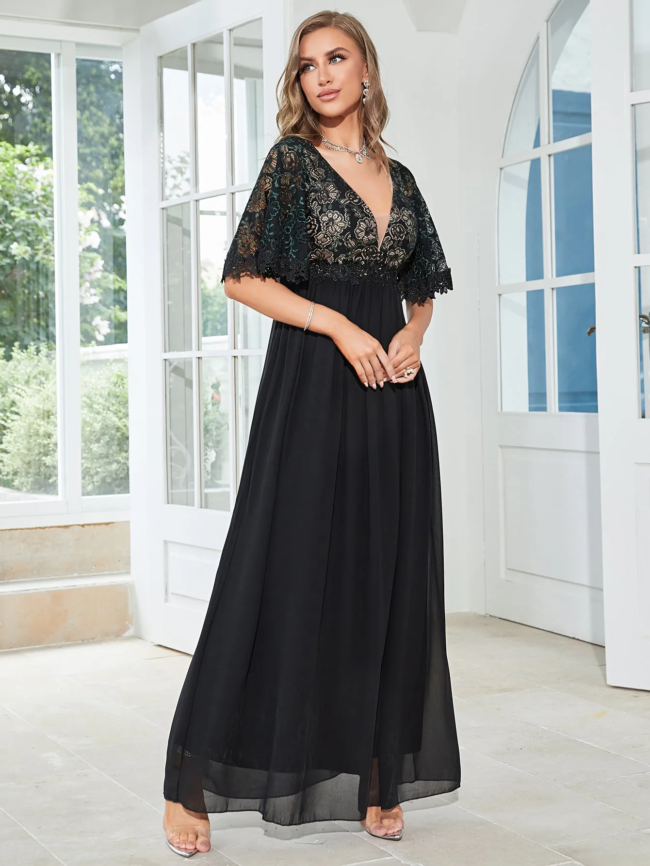 Black V Neck Chiffon Formal Party Dress