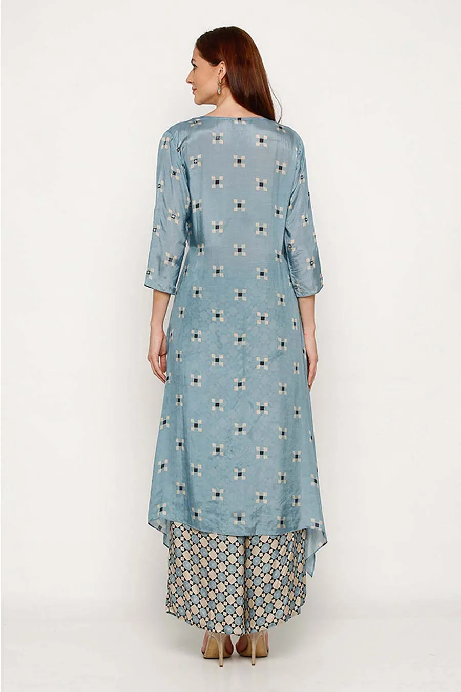 Blue Embroidered High-Low Kurta Set (Set of 2)