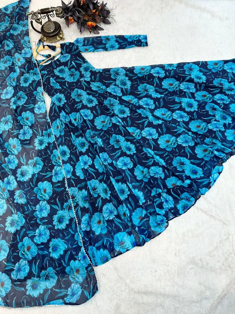 Blue Faux Georgette Floral Dream Anarkali Gown with Digital Print