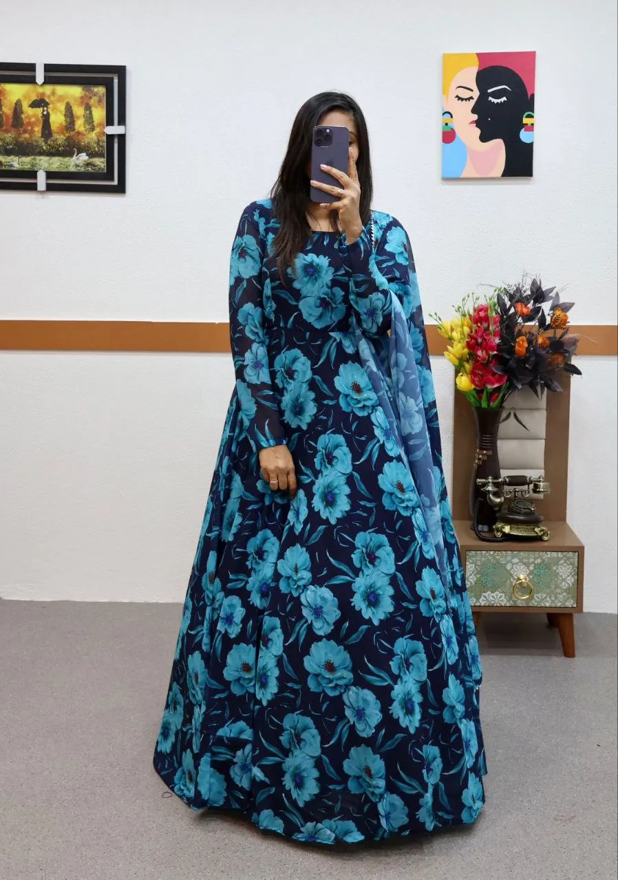 Blue Faux Georgette Floral Dream Anarkali Gown with Digital Print
