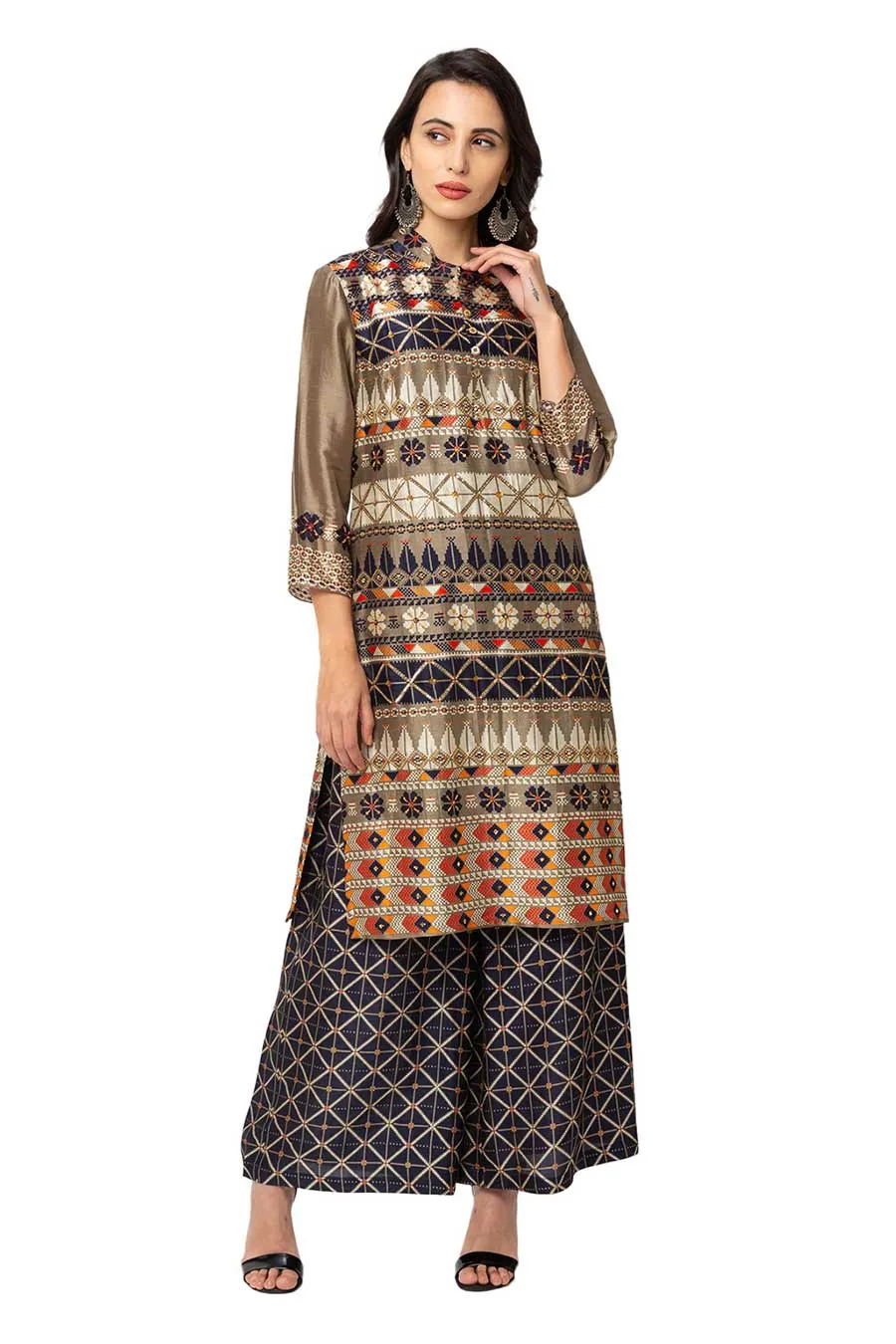Blue Printed Silk Kurta & Pant Set