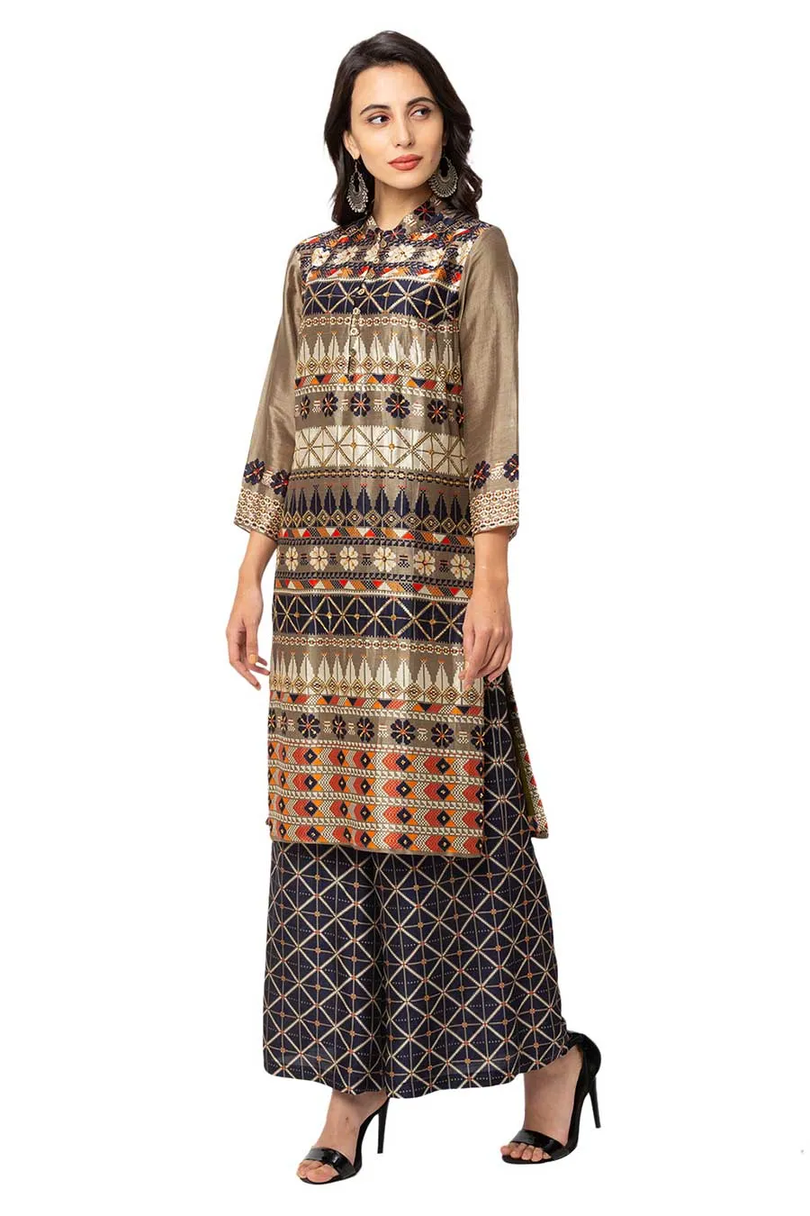 Blue Printed Silk Kurta & Pant Set