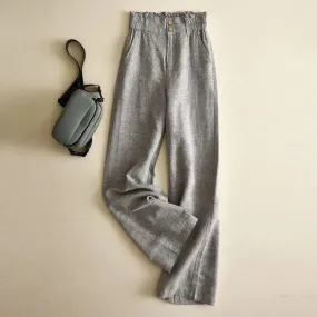 Bonnyshow Vintage Cotton Linen Pants Women 2 Buttons High Waist Wide Leg Trousers Casual Solid Color Straight Baggy Pants Woman