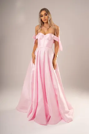 Bustier corset pastel pink dress with bows for hire