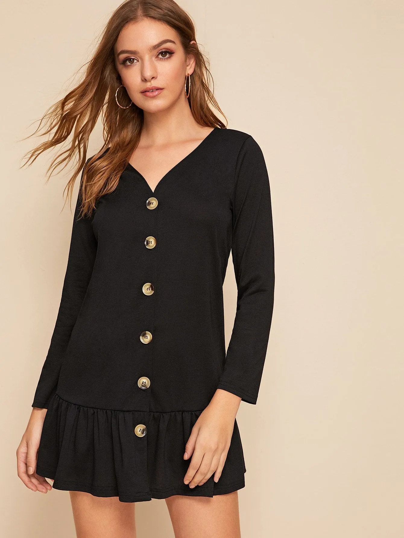 Button Through Ruffle Hem Dress