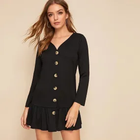 Button Through Ruffle Hem Dress