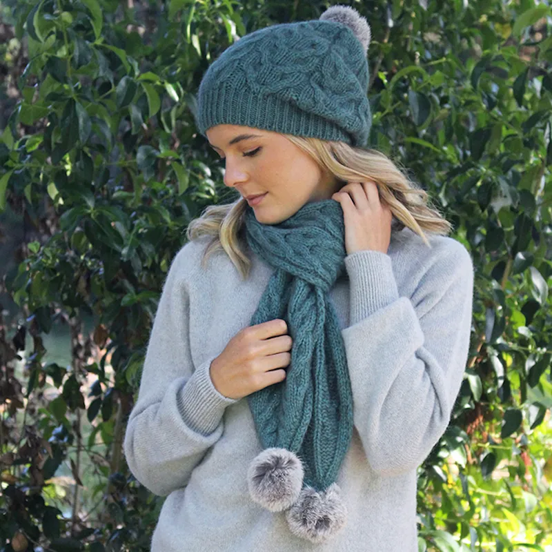 Cable Scarf With Rabbit Fur Pompoms