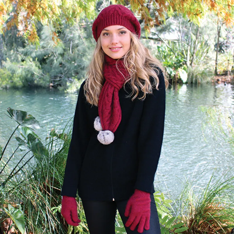 Cable Scarf With Rabbit Fur Pompoms