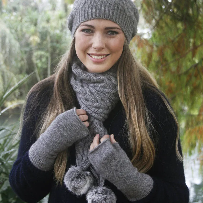 Cable Scarf With Rabbit Fur Pompoms