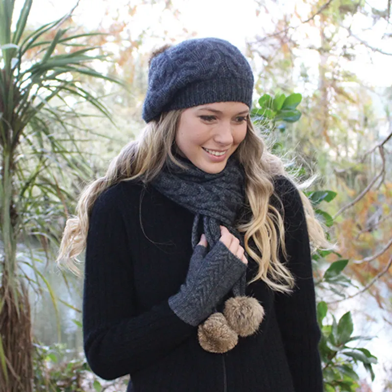 Cable Scarf With Rabbit Fur Pompoms